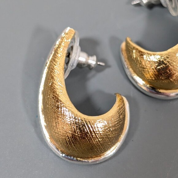 Vintage Napier Two Tone Brushed Half Hoop Drop Earrings Gold Tone - Picture 6 of 9